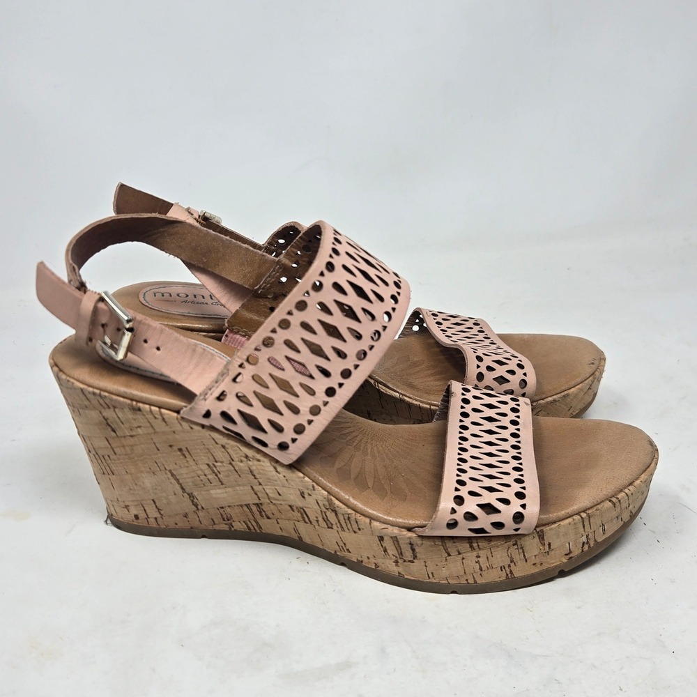 Montana Artisan Crafted Womens‎ Pink Leather Laser Cut Cork Wedge Sandals 9M